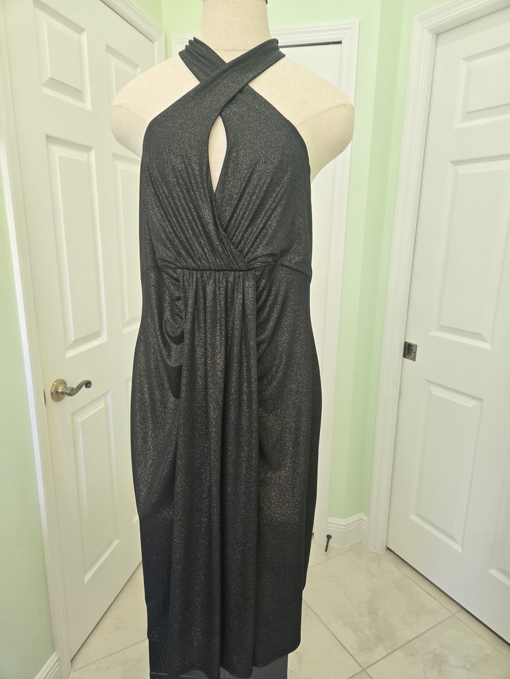 Patricia Field Y2K Black Gold Sparkle Tie Back Halter Midi Dress